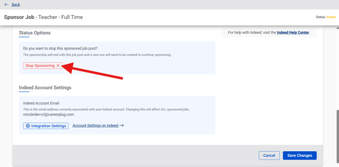 Sponsor Job page (6.15.26) (bottom) (Stop button visible) (Stop arrow)