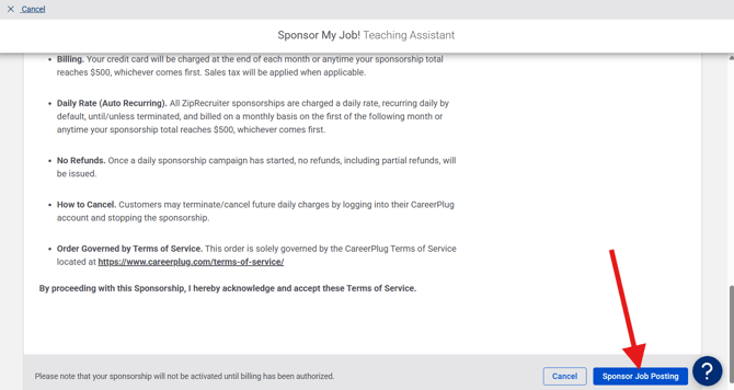 Sponsorship Options page - Billing (ZR) (7.27.26) (Terms and Conditions) (modified) (Sponsor Job Posting arrow)
