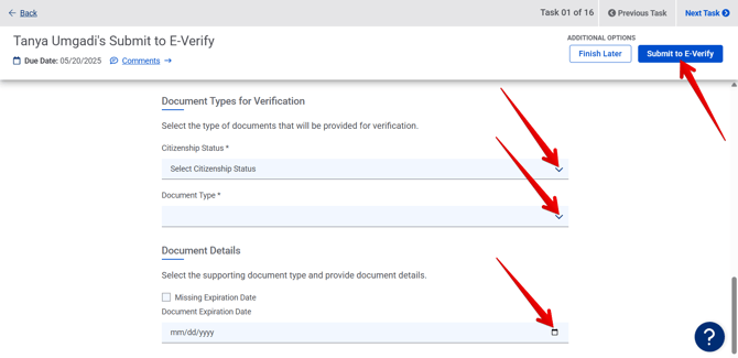 Submit to E-Verify task (bottom) (fields NOT filled) (arrows)