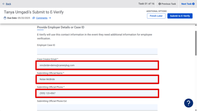 Submit to E-Verify task (top) (fields filled) (req field highlights)