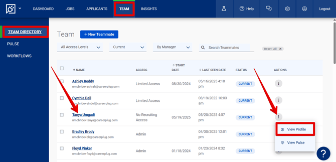 Team page - Team Directory tab (three dots drop-down for emp with I9) (all highlights)