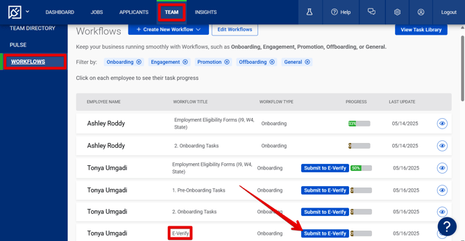 Team page - Workflows tab (Submit to E-Verify visible) (2nd ver) (highlights)