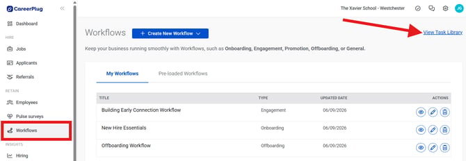 Workflows Page (Nav Bar Expanded) (View Task Library arrow) (cropped)