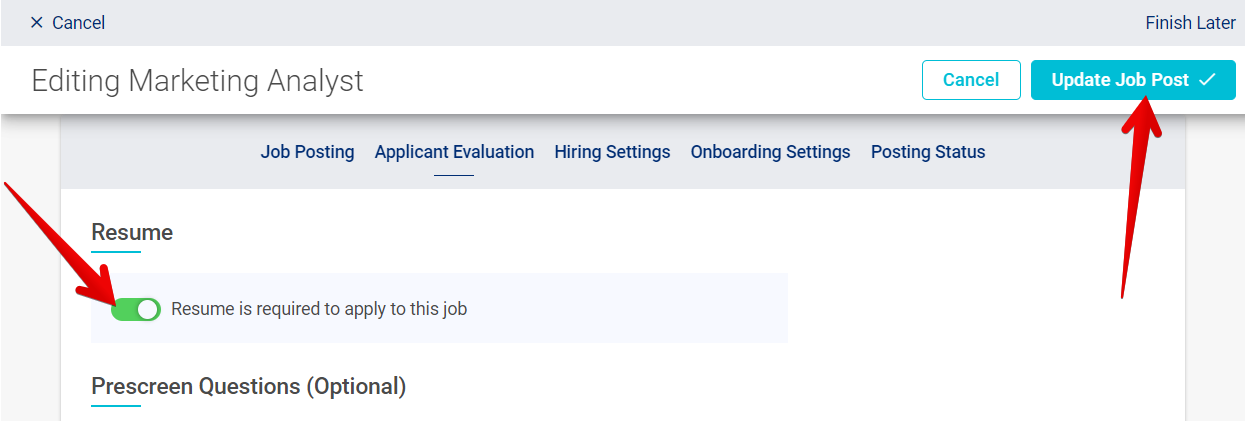 Edit Job Posting - Applicant Evaluation tab (Req Resume toggle on).png